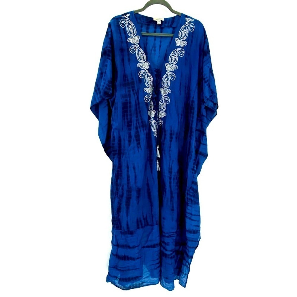 Adrift Australian Cotton Tie Dye Kaftan Dress - Embroidered Paisley - S/M (8)